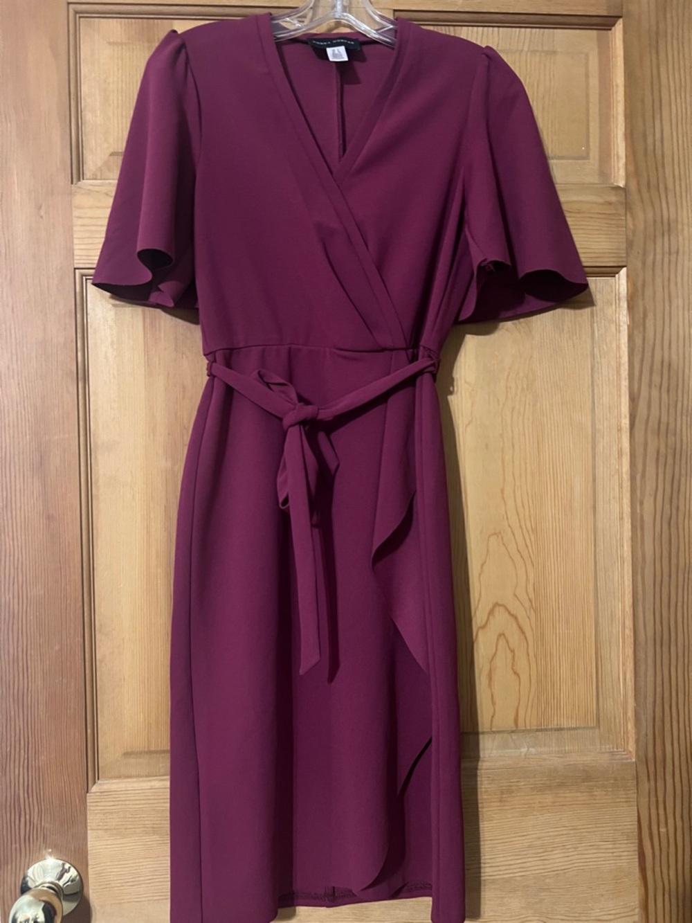 Donna Morgan Burgundy Wrap Midi Dress with Tie Waist